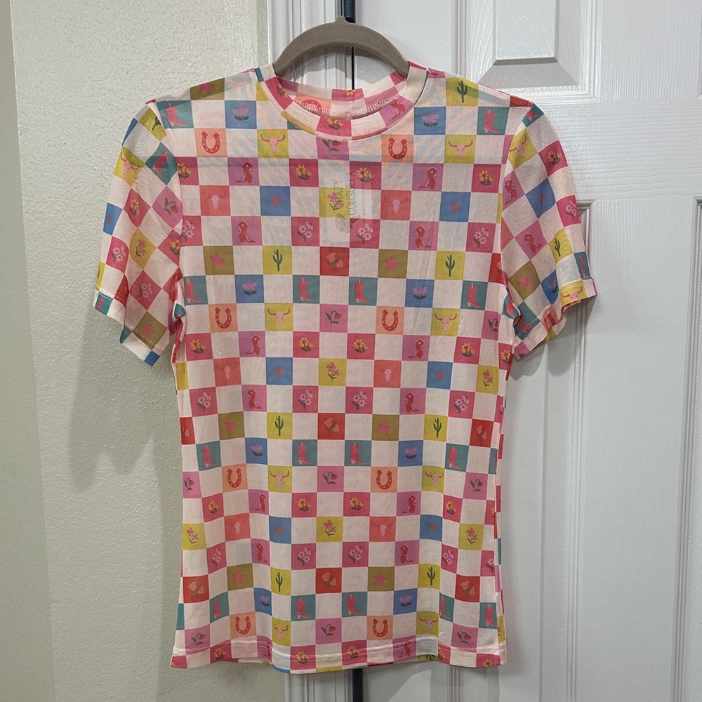 Crazy Consuela Multicolor Checkered Mesh Short Sleeve Tee